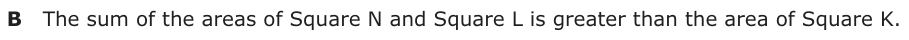 Answer B: The sum of the areas of Square N and Square L is greater than the area of Square K.
