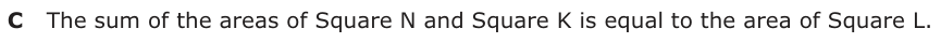 Answer C: The sum of the areas of Square N and Square K is equal to the area of Square L.