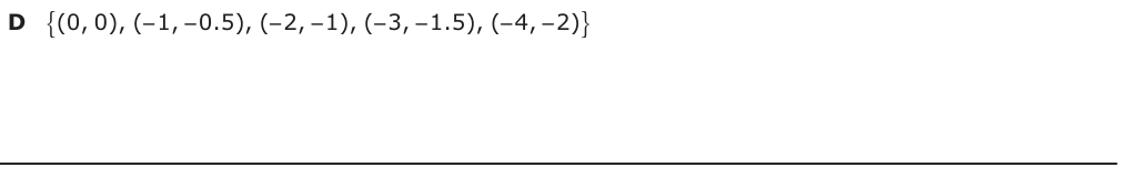 Answer D: ^(0, 0), ( 1, 0.5), ( 2, 1), ( 3, 1.5), ( 4, 2)`