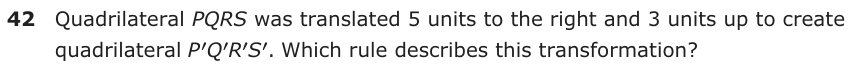 Quadrilateral PQRS was translated 5 units to the right and 3 units up to create quadrilateral PQ′′R′S.′ Which rule describes this transformation?