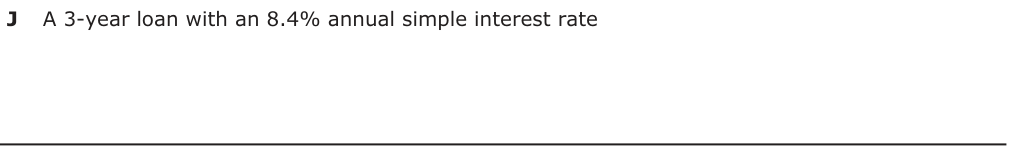 Answer J: A 3-year loan with an 8.4% annual simple interest rate