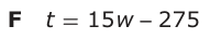 Answer F: t = 15 w −− 275