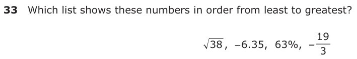 Which list shows these numbers in order from least to greatest? 38 , − 6.35,− − 63%, − 19 3