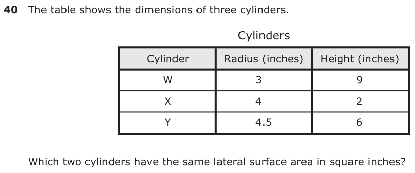 The table shows the dimensions of three cylinders. Cylinders Cylinder Radius (inches) Height (inches) W 3 9 X 4 2 Y 4.5 6 Which two cylinders have the same lateral surface area in square inches?