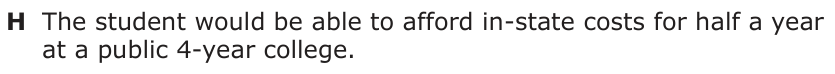 Answer H: The student would be able to afford in-state costs for half a year at a public 4-year college.