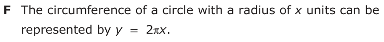 Answer F: The circumference of a circle with a radius of x units can be represented by y = 2πx.