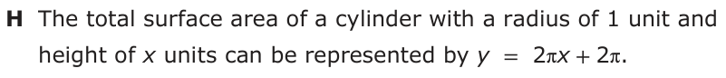 Answer H: The total surface area of a cylinder with a radius of 1 unit and height of x units can be represented by y = 2πx +2π.