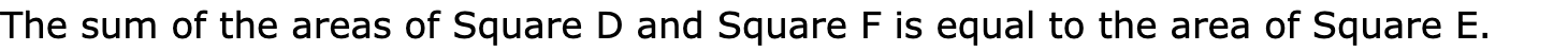 The sum of the areas of Square D and Square F is equal to the area of Square E.