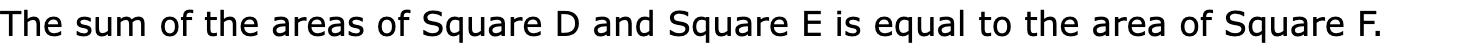 The sum of the areas of Square D and Square E is equal to the area of Square F.