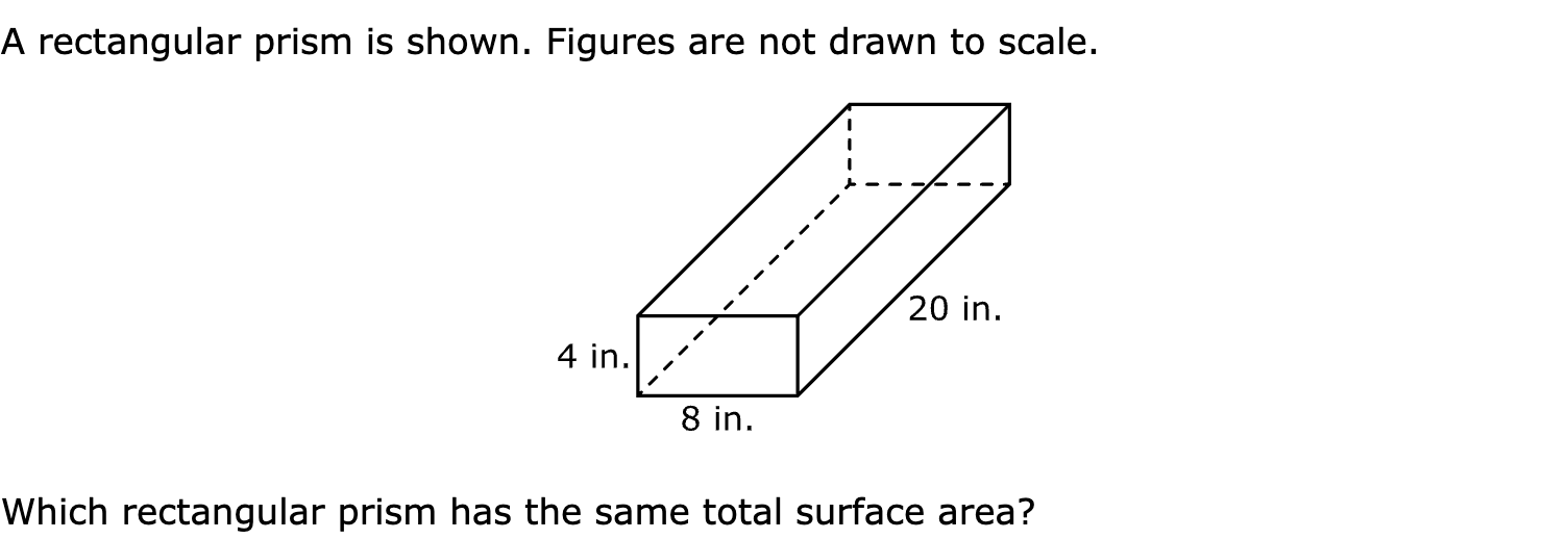 A rectangular prism is shown. Figures are not drawn to scale.

Which rectangular prism has the same total surface area?