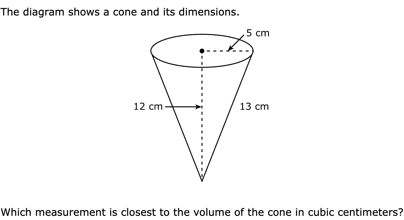 The diagram shows a cone and its dimensions.

Which measurement is closest to the volume of the cone in cubic centimeters?