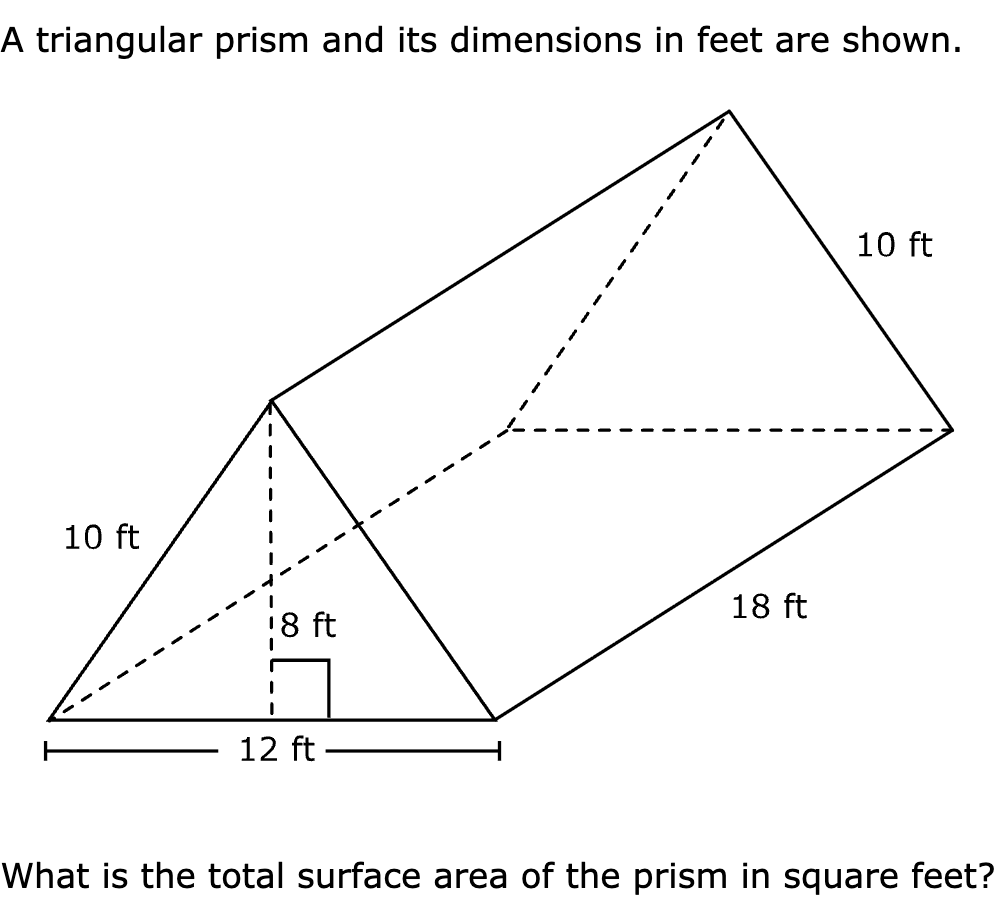 A triangular prism and its dimensions in feet are shown.

What is the total surface area of the prism in square feet?