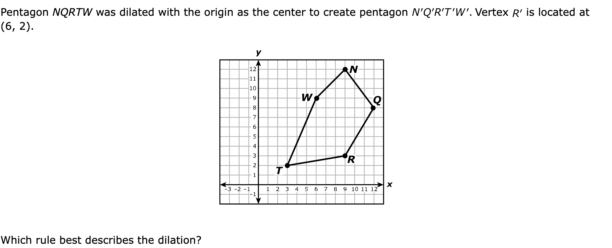 Pentagon NQRTW was dilated with the origin as the center to create pentagon  Vertex  is located at (6, 2).

Which rule best describes the dilation?