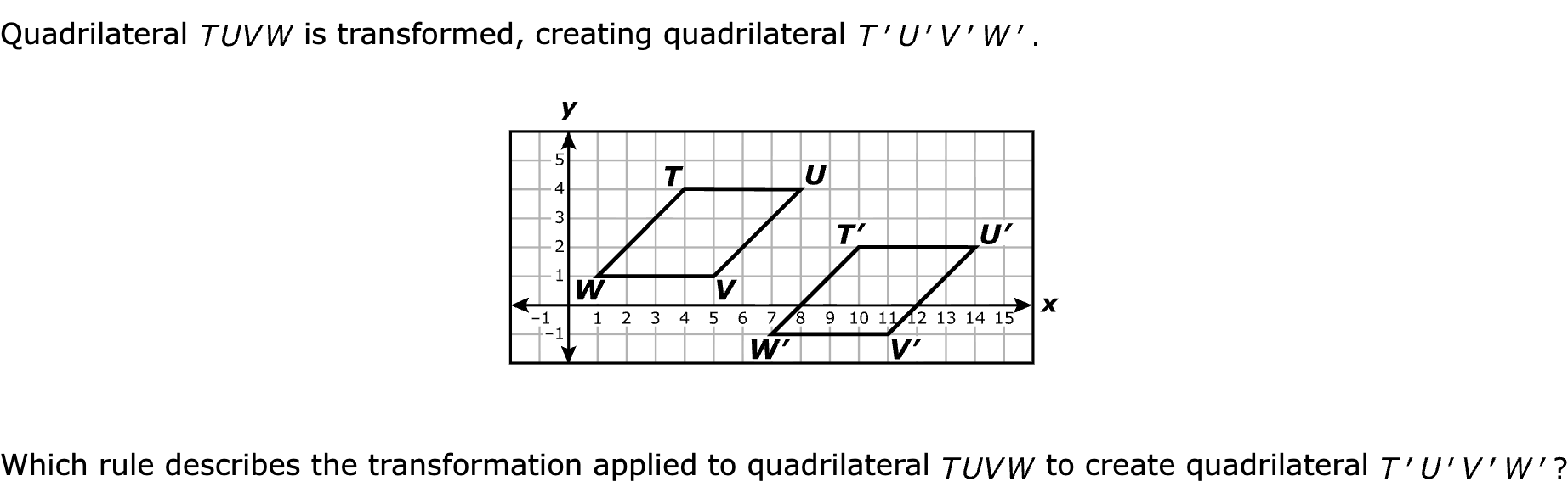 Quadrilateral  is transformed, creating quadrilateral 

Which rule describes the transformation applied to quadrilateral  to create quadrilateral