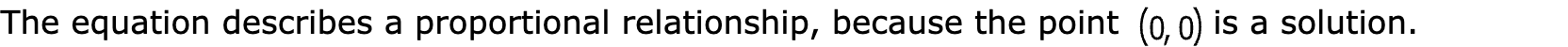 The equation describes a proportional relationship, because the point  is a solution.