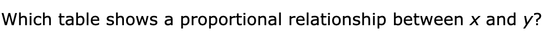 Which table shows a proportional relationship between x and y?