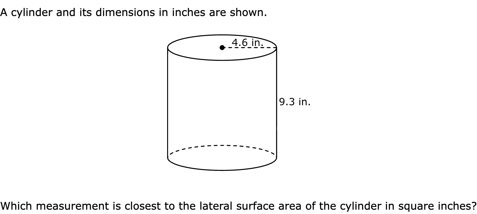 A cylinder and its dimensions in inches are shown.

Which measurement is closest to the lateral surface area of the cylinder in square inches?